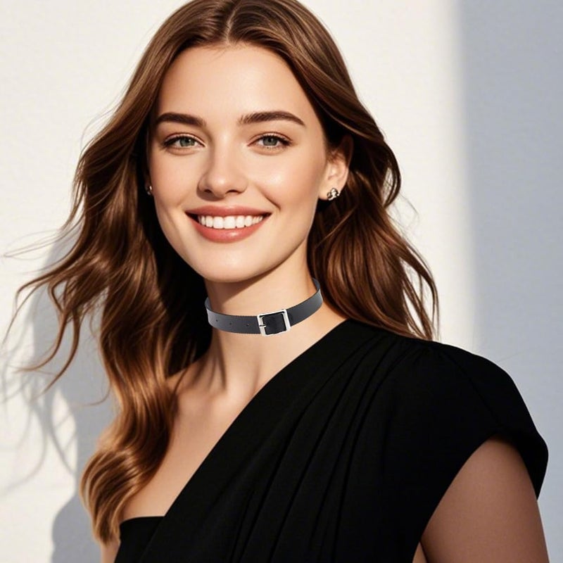 CALFOVERA Black Cowhide Leather Choker for Women Jewelry Adjustable Gothic Style Plain Genuine Leather Collar Chain Punk Design Circle Short Necklace for Costume Jewelry Party Cosplay Gift - Image 5